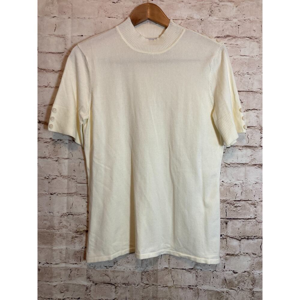 Lana Lee Sweater Womens Medium Cream Short Sleeve‎ Santana Knit Button Detail